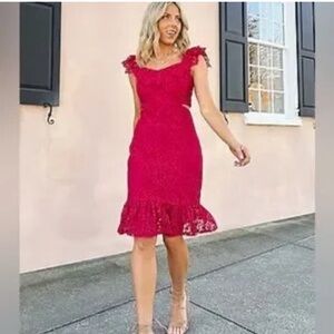 NWT EXPRESS Lace Ruffle Overlay Cutout
Sheath Dress in Sz XL